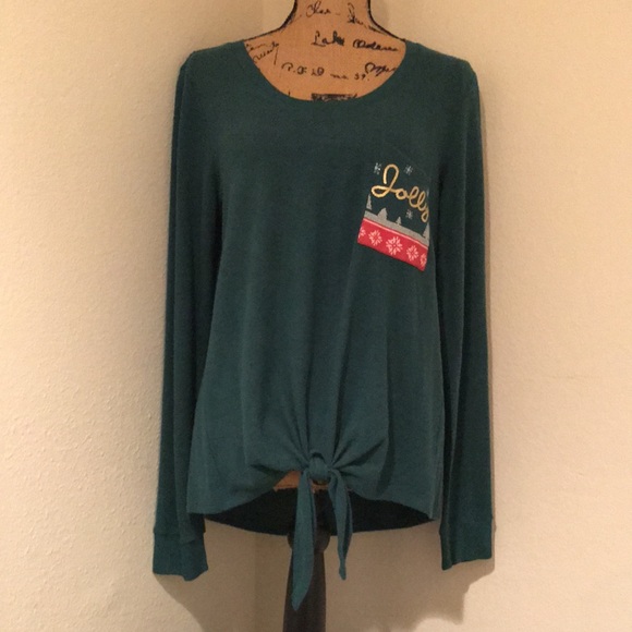 NWT-Tru Self Green Holiday Sweater with Jolly Pocket and Tie Front-M - Picture 1 of 16